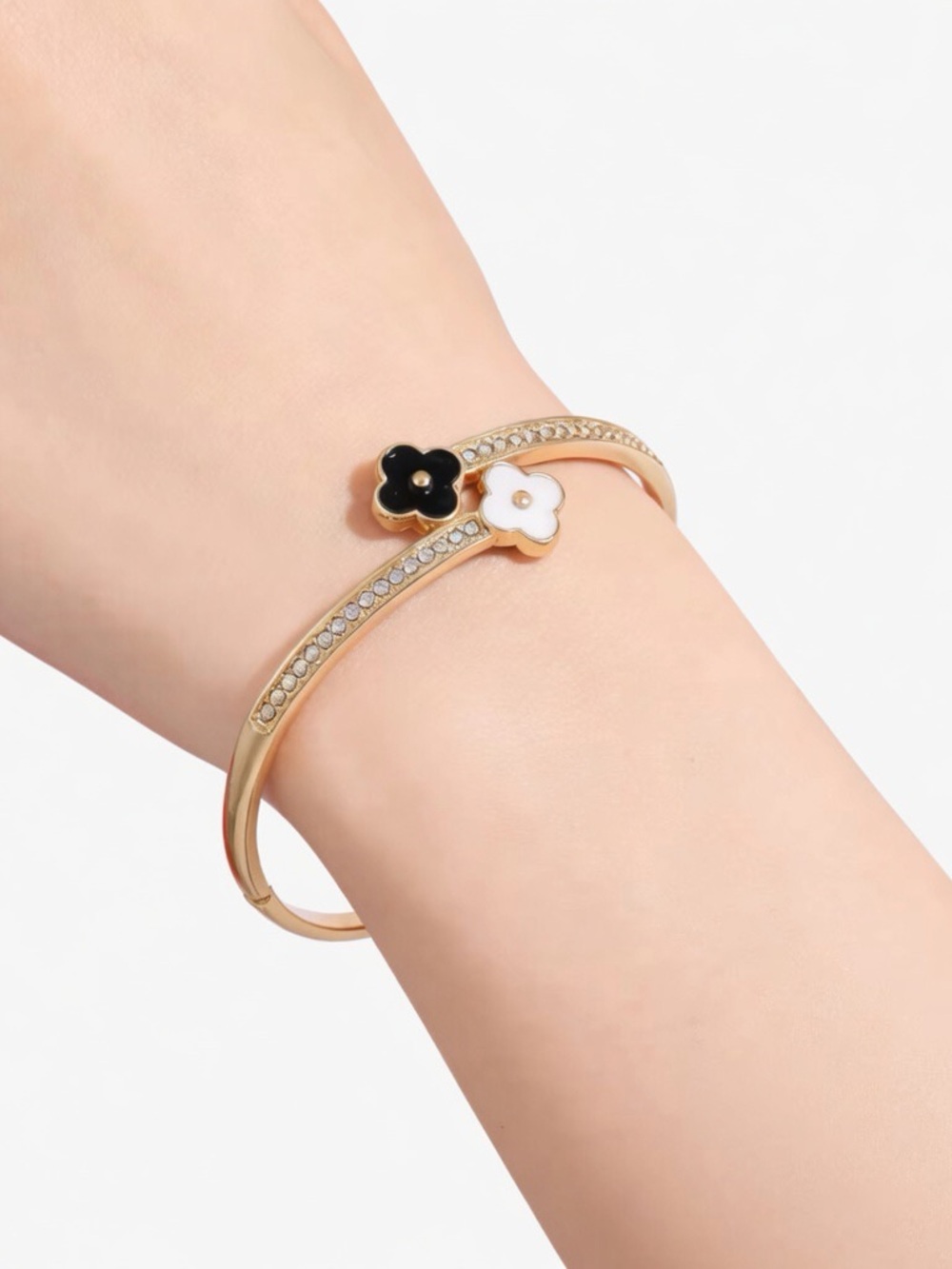 Rose Gold-Tone Crystal Bangle with Pink and Black Flower Accents